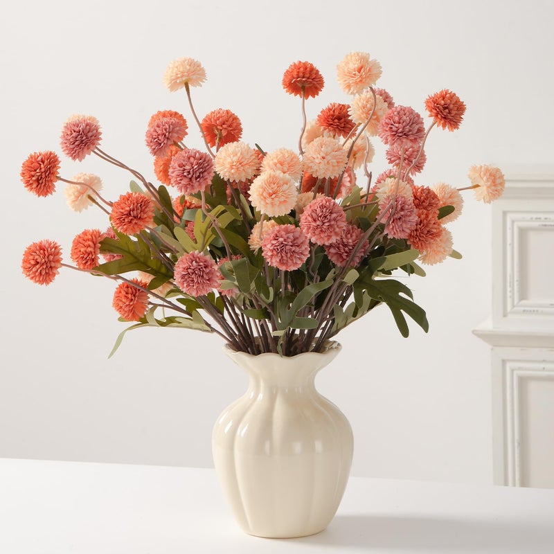 trytuny Fake Fall Flowers for Vase Faux Silk Kiku Mums Artificial Pom pom Floral Bouquets Indoor Centerpiece Office Coffee Table Boho Home Decorations 9 Mixed Orange - Image 2