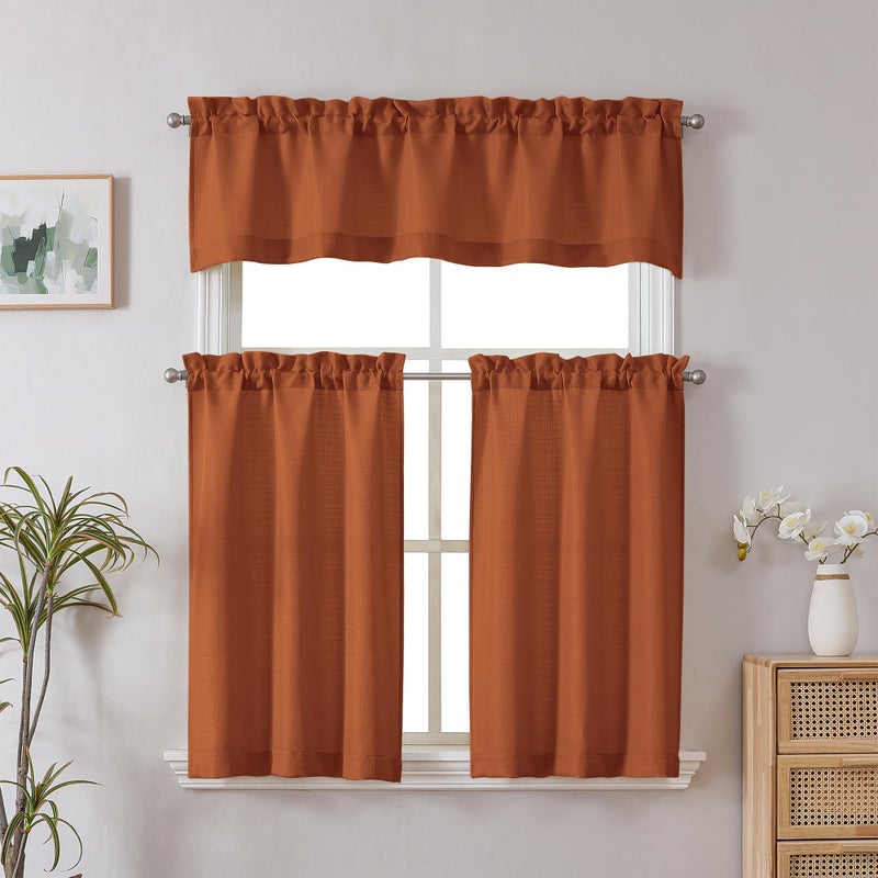 Chyhomenyc 2 Panels Orange Kitchen Curtains 36 Inch Length, Faux Linen Textured Small Cafe Curtain Tiers, Light Filtering Short Window Curtains for Bathroom Basement, 30x36 inch, 2PCS - Image 2