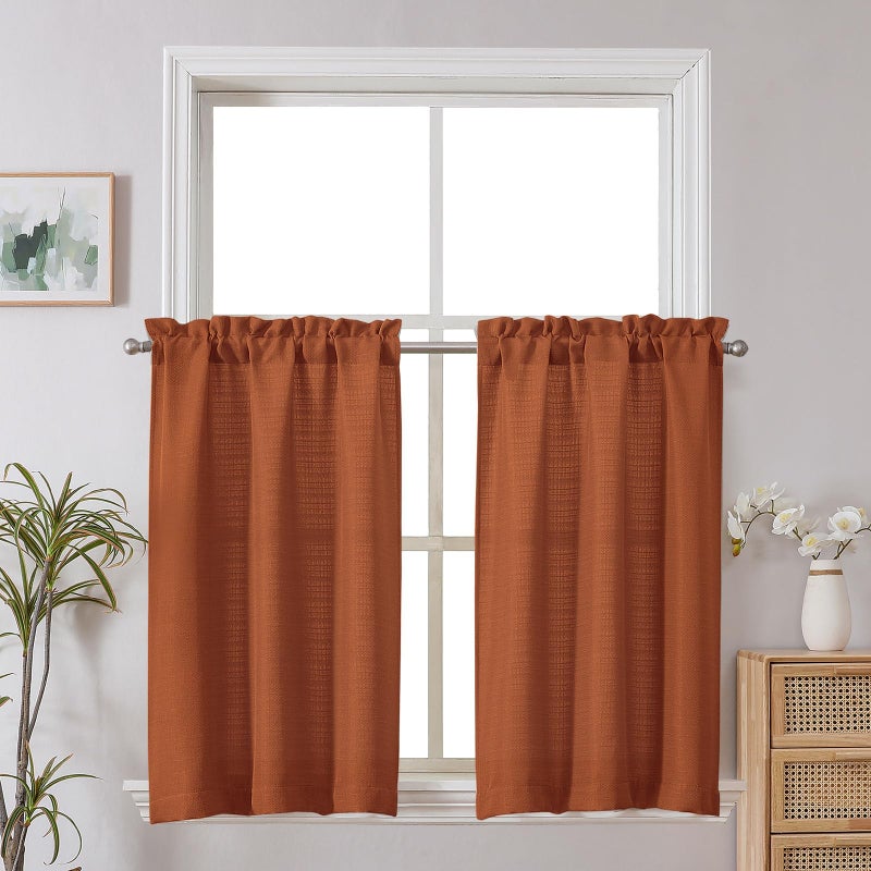 Chyhomenyc 2 Panels Orange Kitchen Curtains 36 Inch Length, Faux Linen Textured Small Cafe Curtain Tiers, Light Filtering Short Window Curtains for Bathroom Basement, 30x36 inch, 2PCS - Image 1