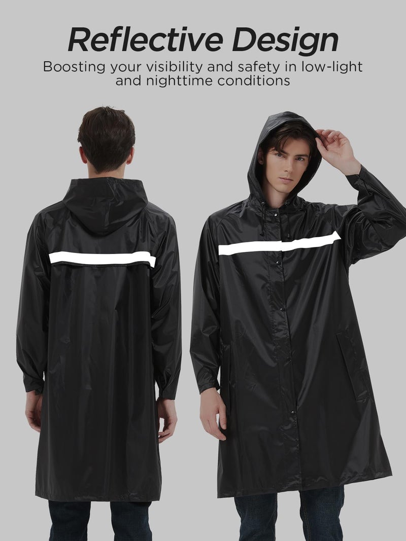ProHydra Mens Long Safety Rain Coats with Air Vents Reflective Stripes Waterproof Packable Work Rain Jacket with Hood Lightweight Emergency Raincoat Ponchos (Black,X-Large) - Image 2