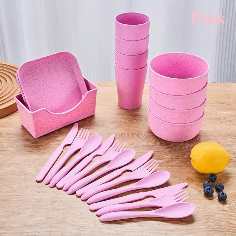 OriGlam 25pcs Plates and Bowls Set Plastic Dinnerware Set for Picnic Party Camping  Microwave Safe Pink - Image 3