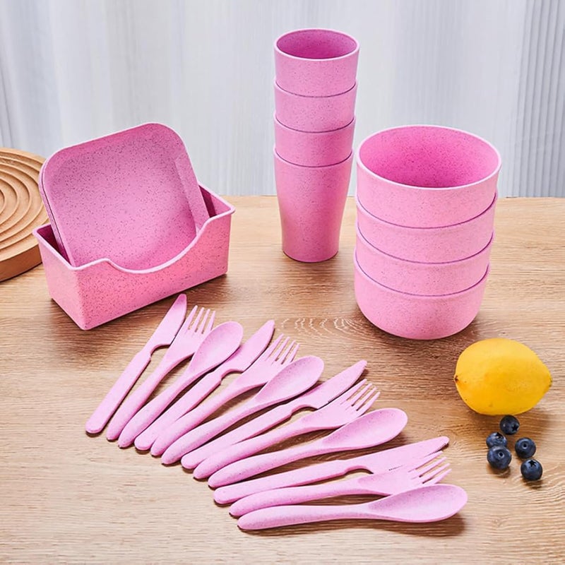 OriGlam 25pcs Plates and Bowls Set Plastic Dinnerware Set for Picnic Party Camping  Microwave Safe Pink - Image 1