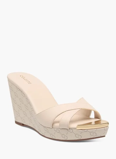 Celeste Womens Monogram Print Cross Strap Slip-On Sandals With Wedge Heels