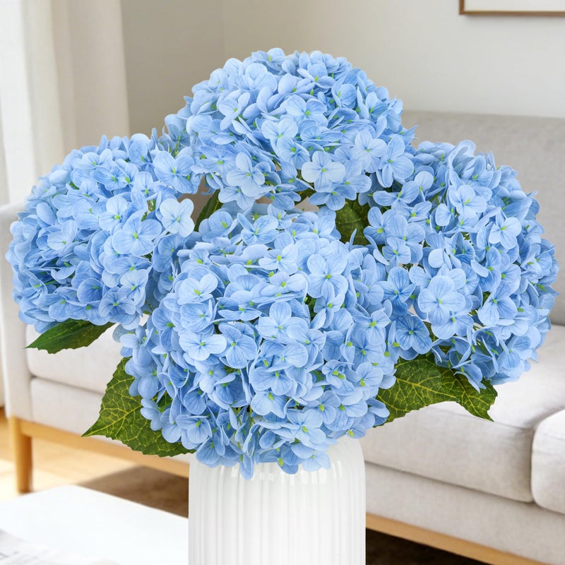 Bassion 4 Pcs 21 Hydrangea Artificial Flowers Realistic Blue Latex Real Touch Faux Hydrangeas Fake Flowers for Bouquets Wedding Party Table Centerpieces Arrangements Indoor Home Decorations Outdoors - Image 2