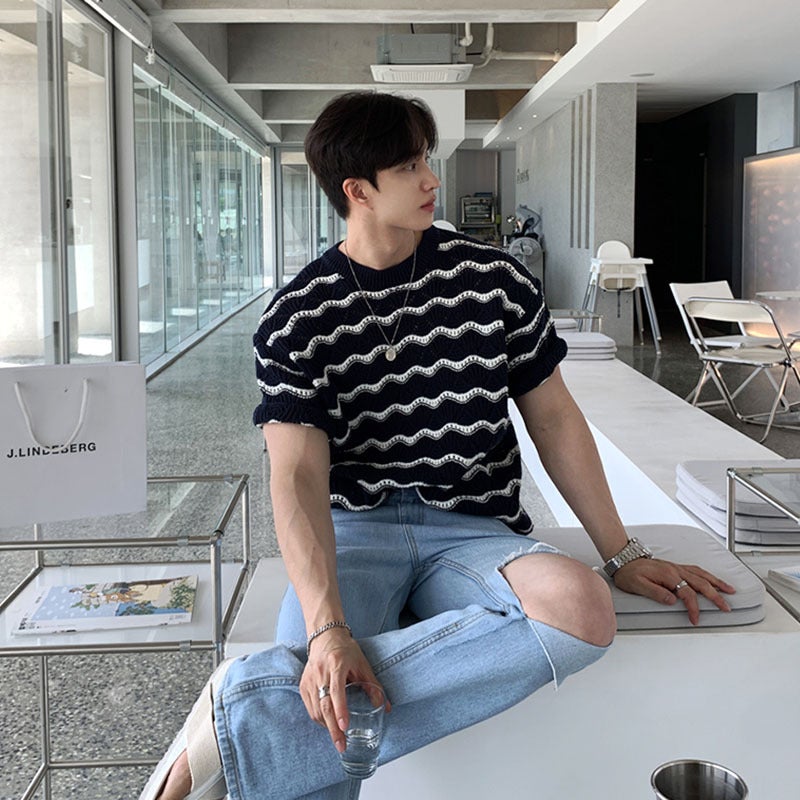 Men'S T-Shirt Short-Sleeved Summer Trendy Brand High-Grade Sense Heavy Industry Hollow Knitted Sweater Jacquard Wave Striped T-Shirt Top - Image 5
