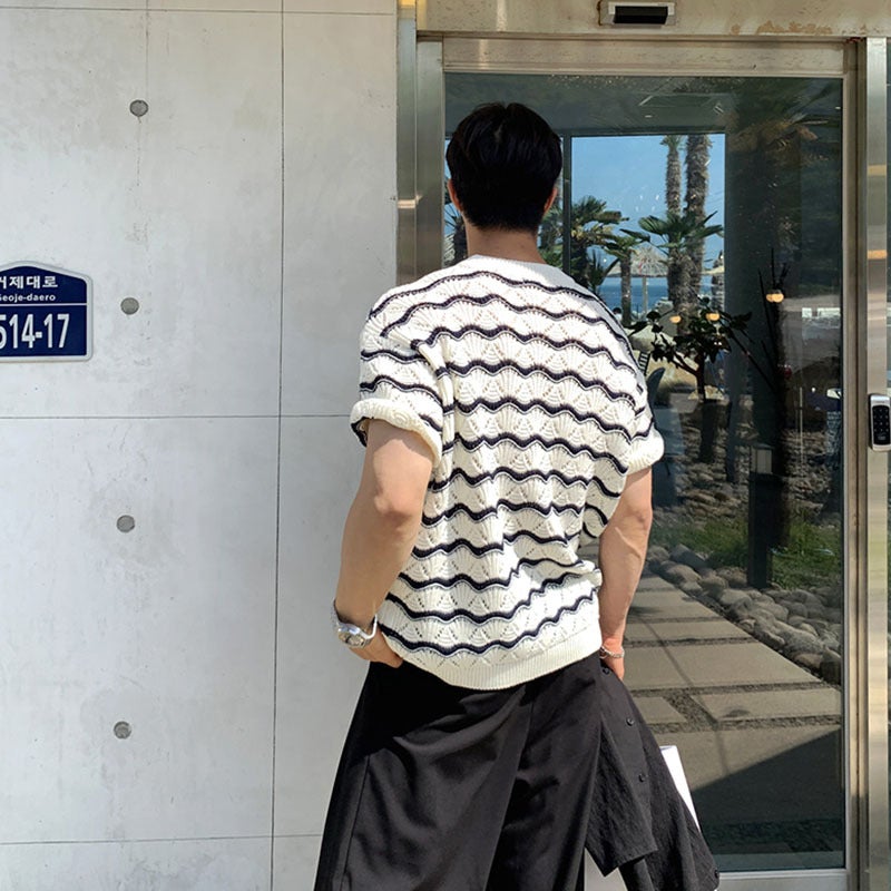 Men'S T-Shirt Short-Sleeved Summer Trendy Brand High-Grade Sense Heavy Industry Hollow Knitted Sweater Jacquard Wave Striped T-Shirt Top - Image 2