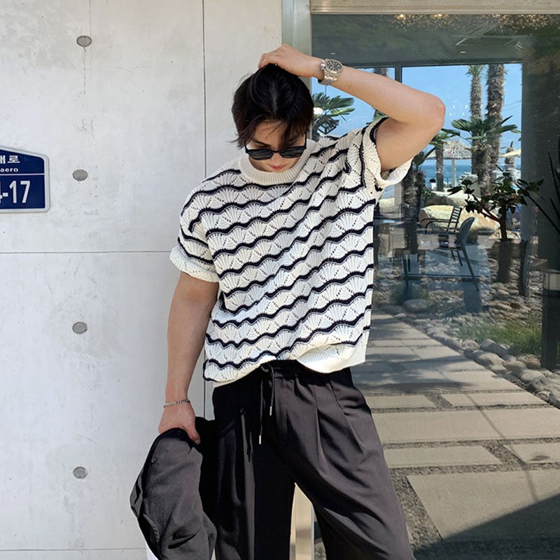 Men'S T-Shirt Short-Sleeved Summer Trendy Brand High-Grade Sense Heavy Industry Hollow Knitted Sweater Jacquard Wave Striped T-Shirt Top - Image 4