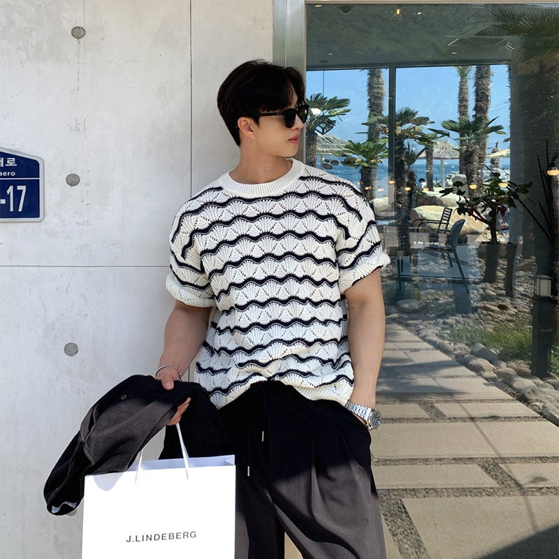 Men'S T-Shirt Short-Sleeved Summer Trendy Brand High-Grade Sense Heavy Industry Hollow Knitted Sweater Jacquard Wave Striped T-Shirt Top - Image 3