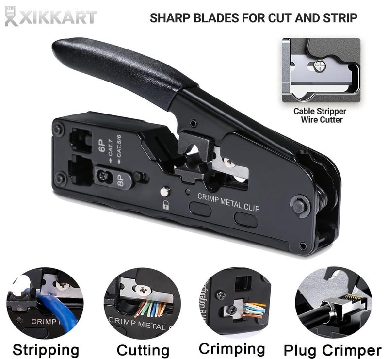 XIKKART Pass Through RJ45 Crimping Tool Kit | Cat7 Cat6a Cat6 Cat5e Ethernet Crimper with Wire Stripper & Cutter | Modular Plug Network Cable Crimp Tool for LAN Installation & Repair, Tool Kit - Image 2