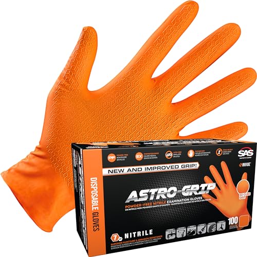 SAS Astro-Grip Powder-Free Exam Grade Nitrile Disposable Gloves. Size X-Large, Orange, 7 mil Thickness. Chemical and Puncture Resistant. Single-Use. Pack of 100. (66474) - Image 1