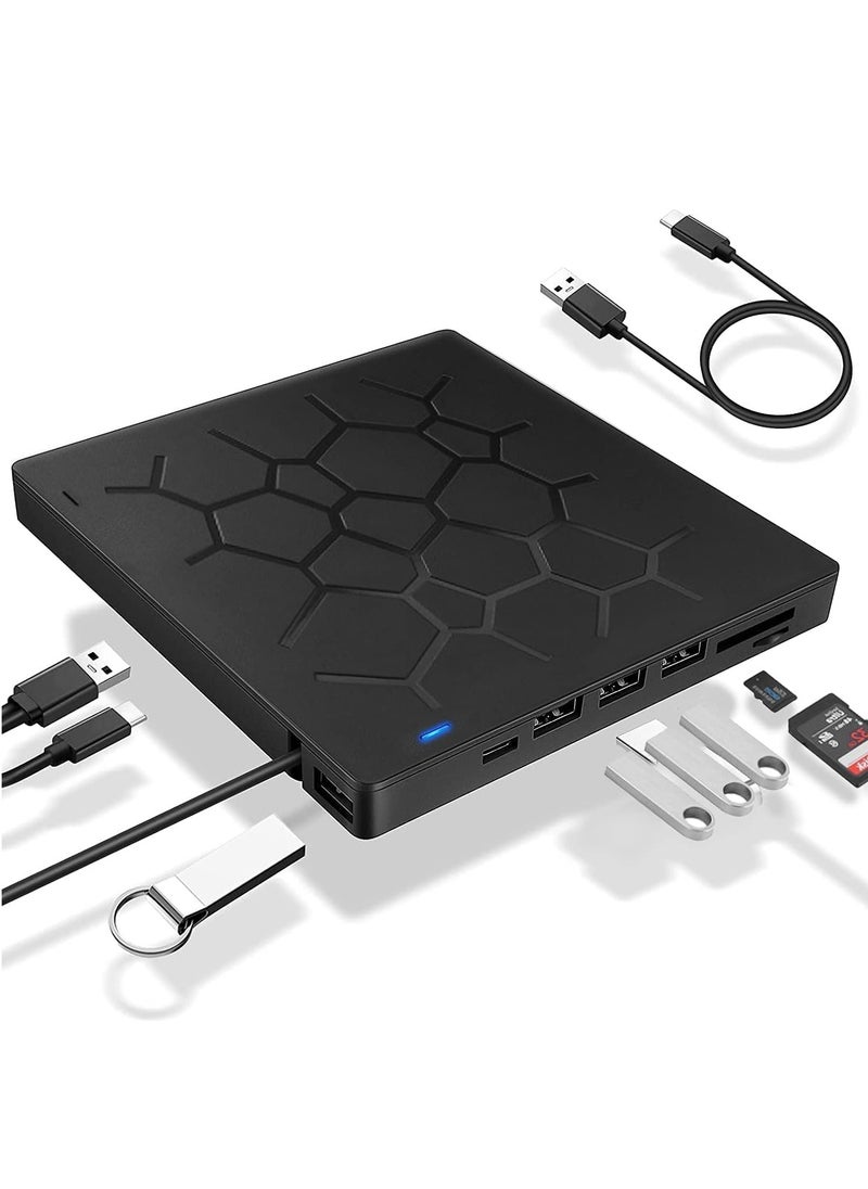 GUDOO External DVD Drive USB 3.0 CD DVD Burner for Laptop Type-C CD/DVD  Optical Disk Drive with 4 USB Ports and 2 SD Card Slots Ultra Slim for Mac PC Windows 11/10/8/7 Linux OS  - Image 1