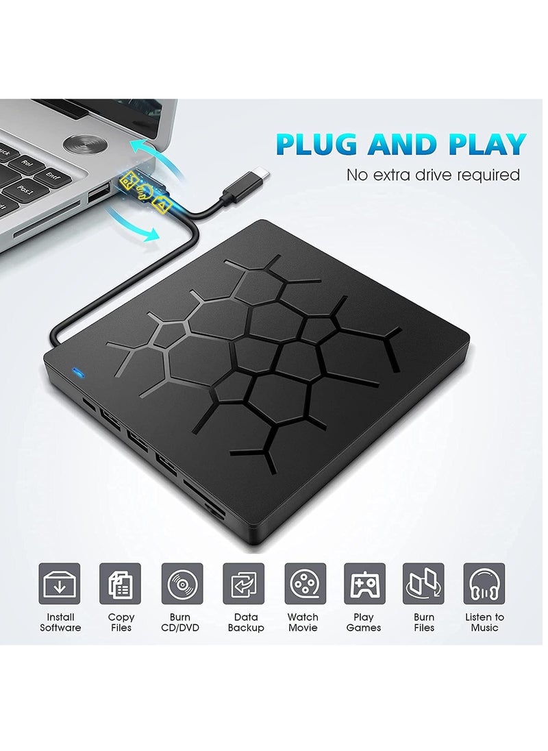 GUDOO External DVD Drive USB 3.0 CD DVD Burner for Laptop Type-C CD/DVD  Optical Disk Drive with 4 USB Ports and 2 SD Card Slots Ultra Slim for Mac PC Windows 11/10/8/7 Linux OS  - Image 3
