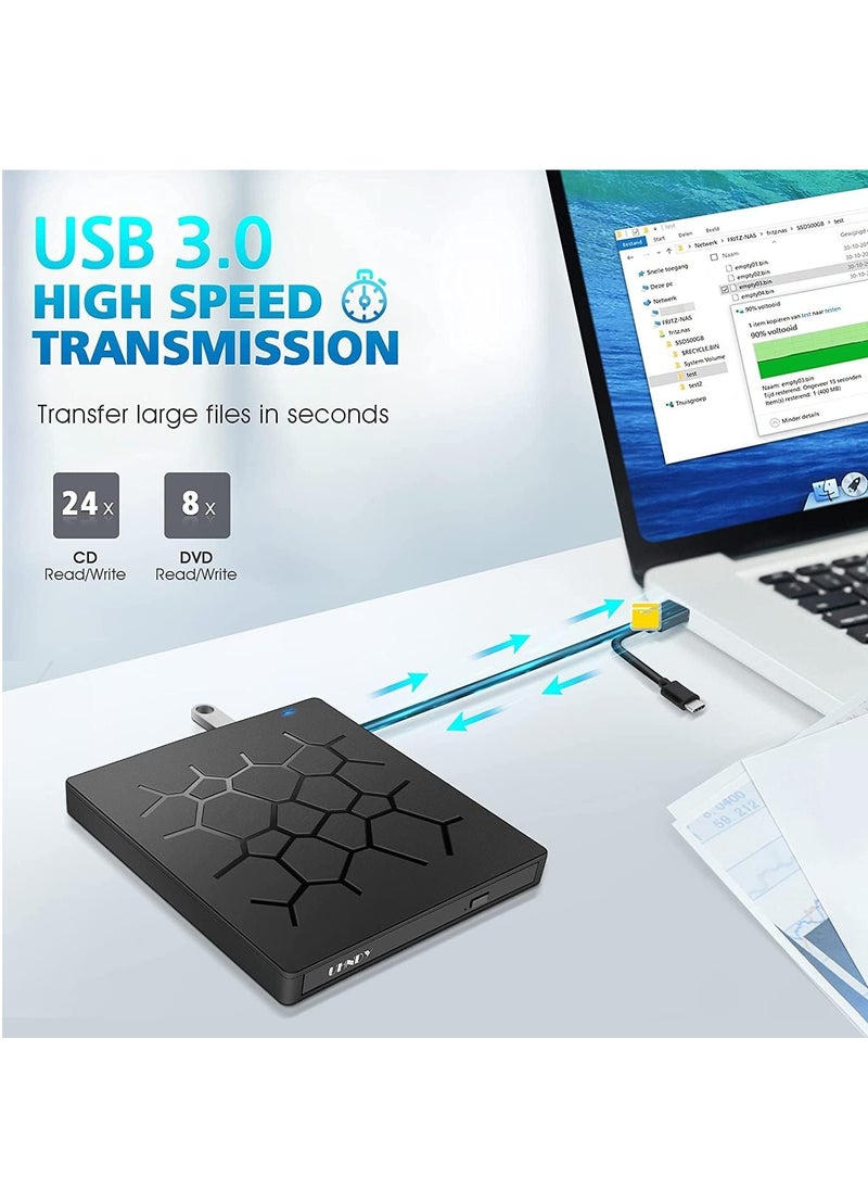 GUDOO External DVD Drive USB 3.0 CD DVD Burner for Laptop Type-C CD/DVD  Optical Disk Drive with 4 USB Ports and 2 SD Card Slots Ultra Slim for Mac PC Windows 11/10/8/7 Linux OS  - Image 2