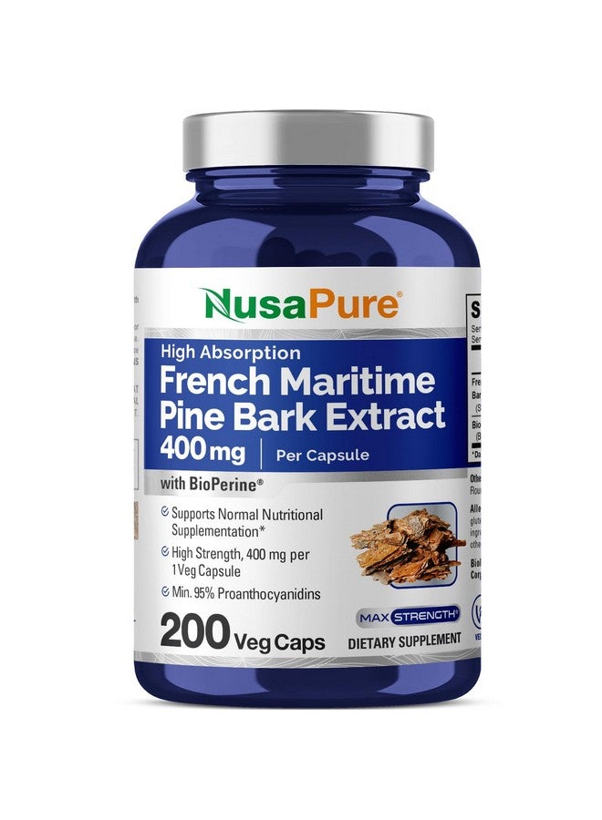 NusaPure French Maritime Pine Bark Extract 400mg per Veggie Caps 200-Day Supply Bioperine Non-GMO Vegan - Image 1