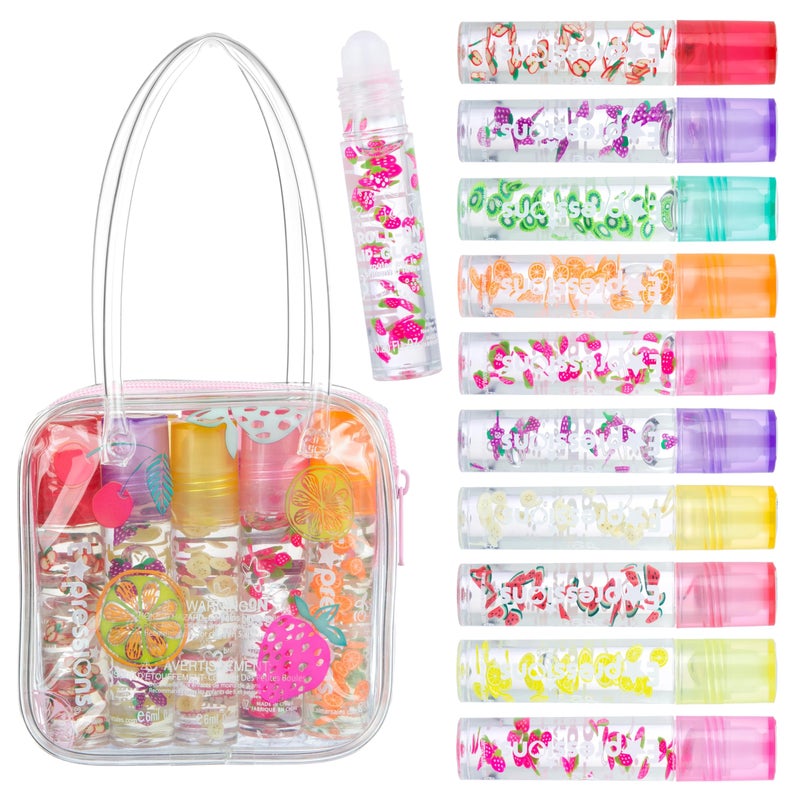 EXPRESSIONS 10pc Roll On Lip Gloss Set with Carrying Case 10Pack Glossy Lip Makeup Assorted Fruity Flavors Non Toxic Kid Friendly Party Gift Best Friends