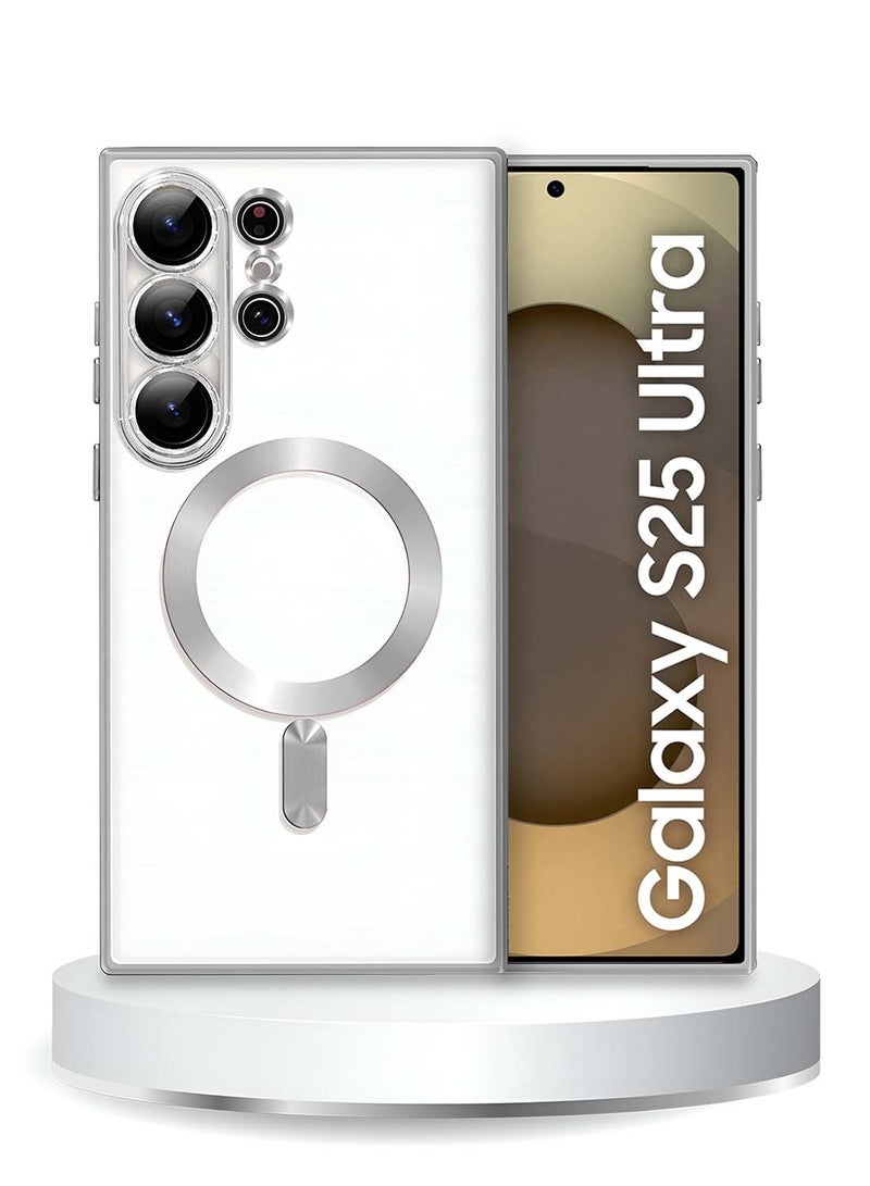 Wtech Samsung Galaxy S25 Ultra 5G 2025 Magsafe PU Luxury Plating Raised Lips Camera Hole Case Cover - Clear/Silver - Image 1
