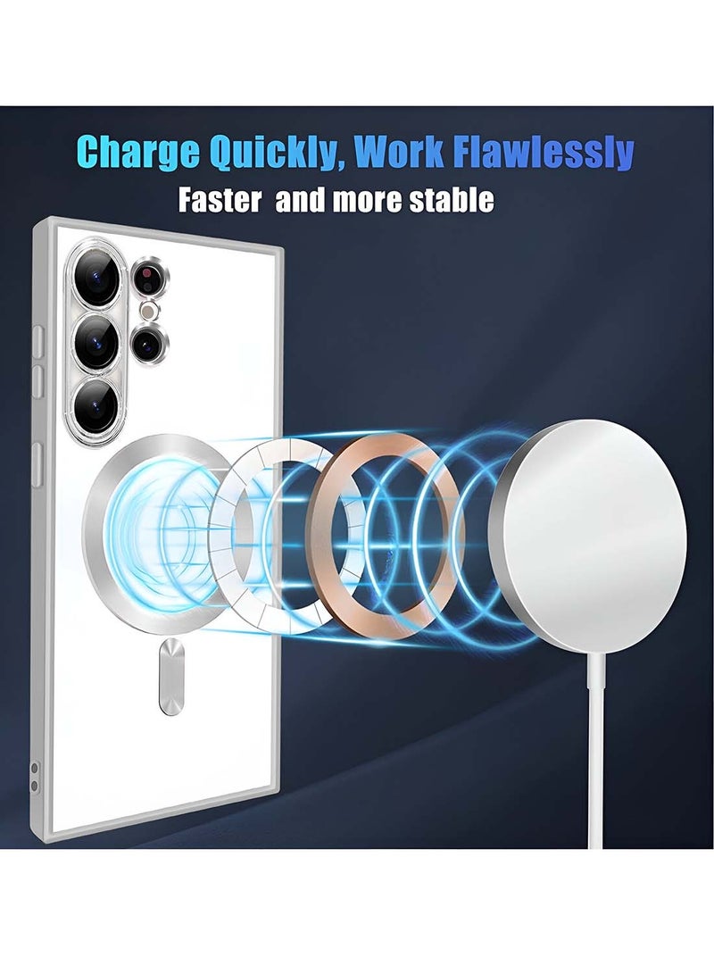 Wtech Samsung Galaxy S25 Ultra 5G 2025 Magsafe PU Luxury Plating Raised Lips Camera Hole Case Cover - Clear/Silver - Image 2