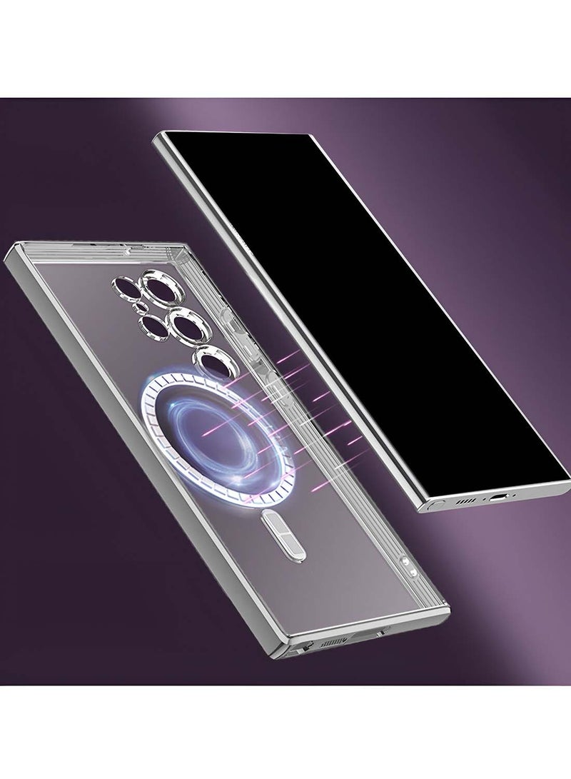 Wtech Samsung Galaxy S25 Ultra 5G 2025 Magsafe PU Luxury Plating Raised Lips Camera Hole Case Cover - Clear/Silver - Image 4