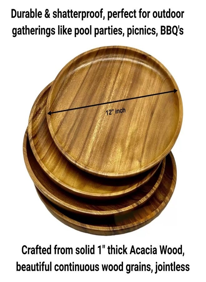 WRIGHTMART Set of 4 – 12 Inch Round Acacia Wood Dinner Plates – Solid Hardwood Wooden Plates for Steak, Pasta, Salad, BBQ, Charcuterie – Natural Wood Grain Dinnerware - Image 5