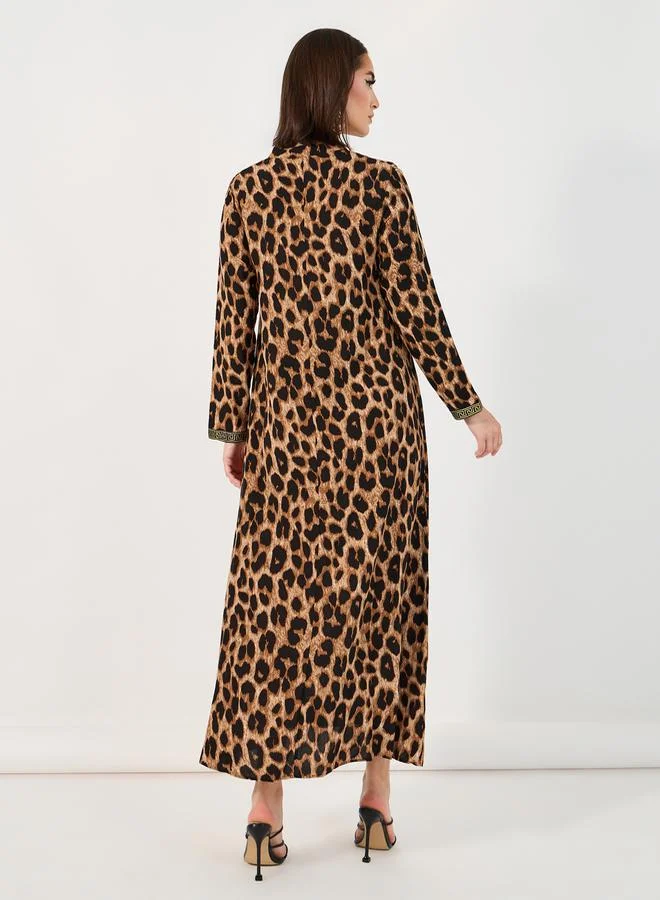Styli Leopard Print Jalabiya with Lace Trim