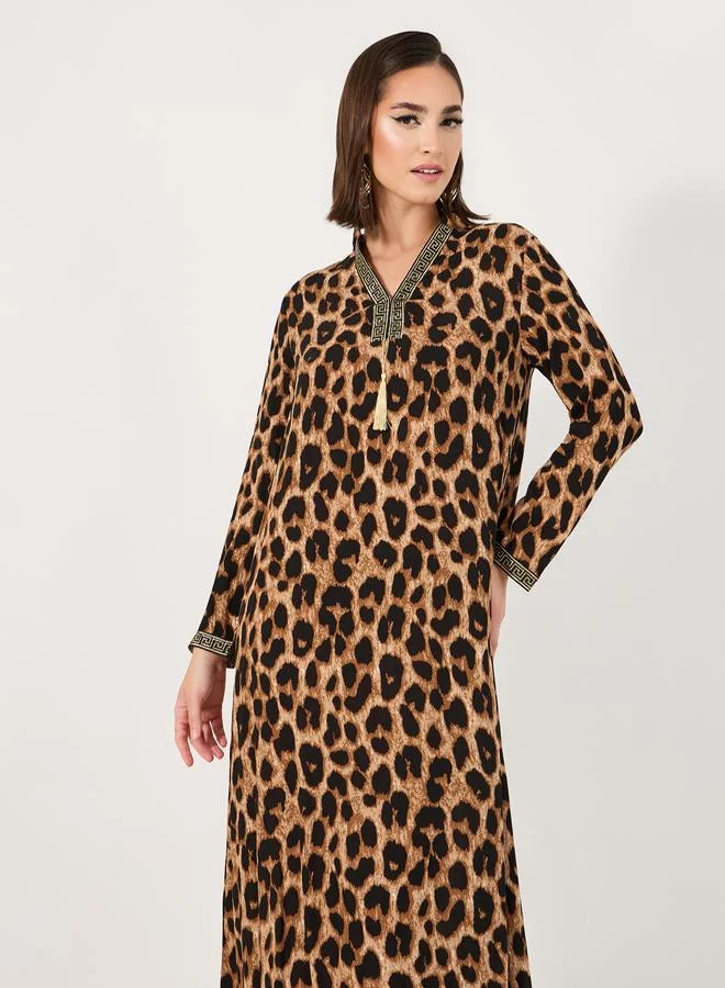 Styli Leopard Print Jalabiya with Lace Trim