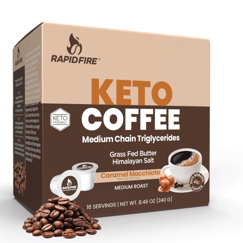 Rapidfire Caramel Macchiato Ketogenic High Performance Keto Coffee Pods Supports Energy Metabolism Weight Management Single Serve K Cup Brown 16 Count