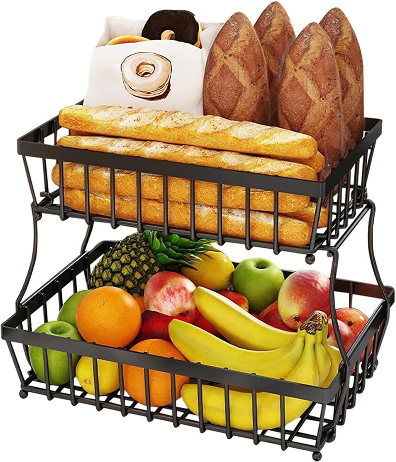 TINMIX 2 Tier Countertop Fruit Basket Bowl for Kitchen Counter Fruits Veggies Snack Storage Holder Stand Rack Organizer Detachable Metal Wire Bread Tray - Image 1
