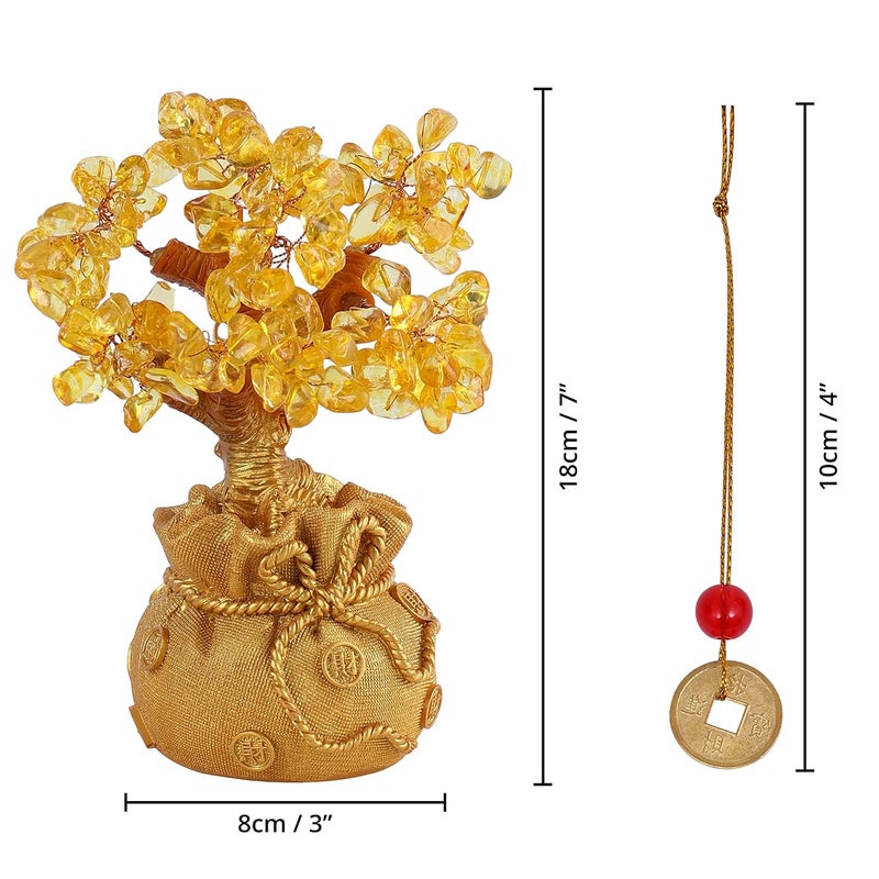 ABOUT SPACE Lucky Feng Shui Citrine Tree of Life Bonsai Gold Crystal Ornaments with Hanging Coin Charms for Health Wealth and Happiness Table Decor Living Room Office 7 x 3 inch - Image 2