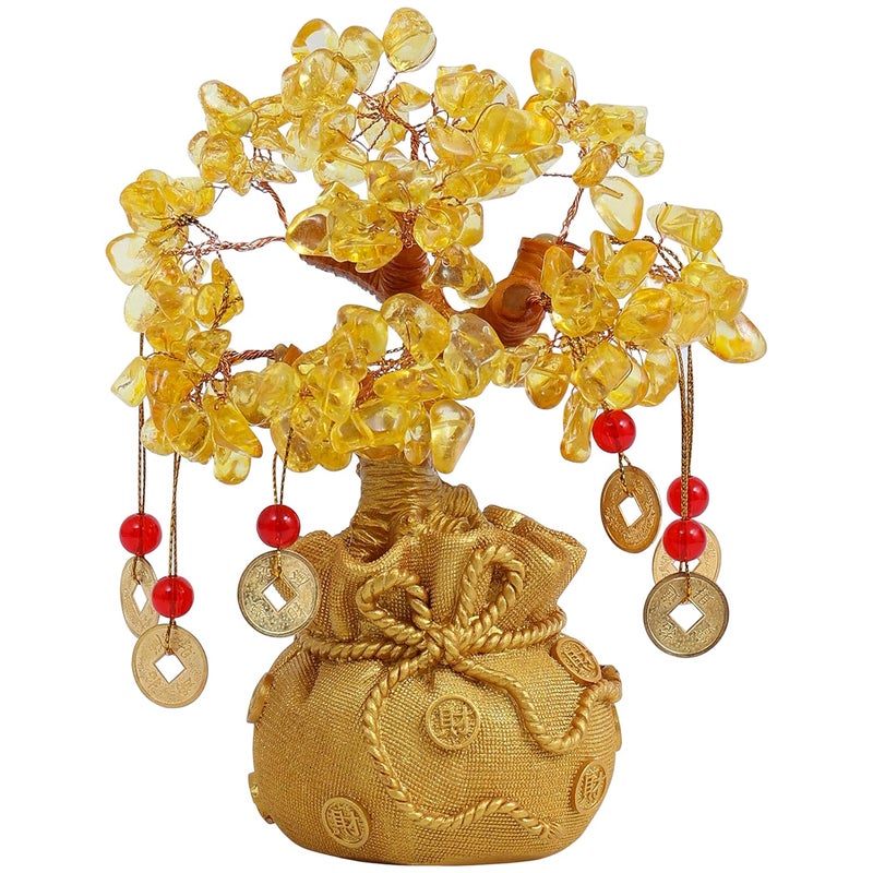 ABOUT SPACE Lucky Feng Shui Citrine Tree of Life Bonsai Gold Crystal Ornaments with Hanging Coin Charms for Health Wealth and Happiness Table Decor Living Room Office 7 x 3 inch - Image 1