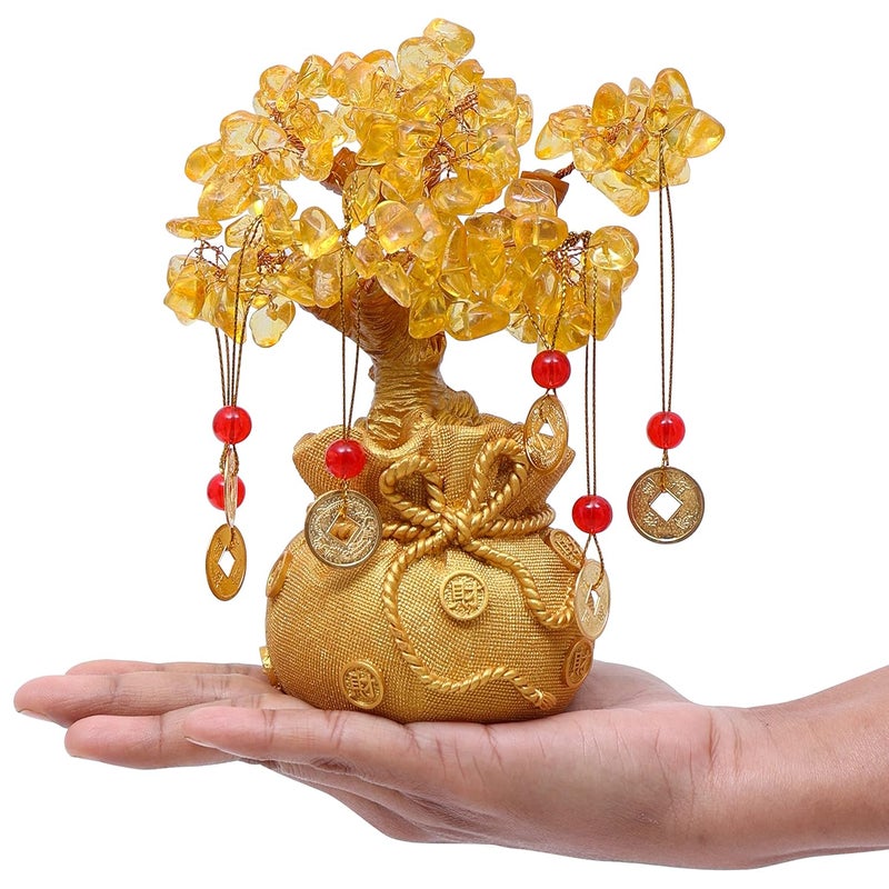 ABOUT SPACE Lucky Feng Shui Citrine Tree of Life Bonsai Gold Crystal Ornaments with Hanging Coin Charms for Health Wealth and Happiness Table Decor Living Room Office 7 x 3 inch - Image 3