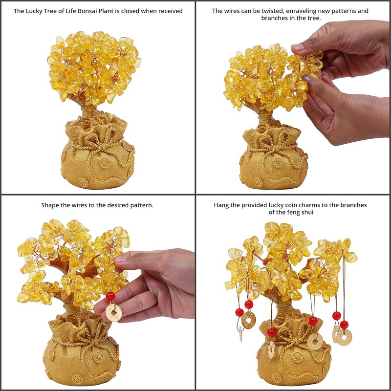 ABOUT SPACE Lucky Feng Shui Citrine Tree of Life Bonsai Gold Crystal Ornaments with Hanging Coin Charms for Health Wealth and Happiness Table Decor Living Room Office 7 x 3 inch - Image 5