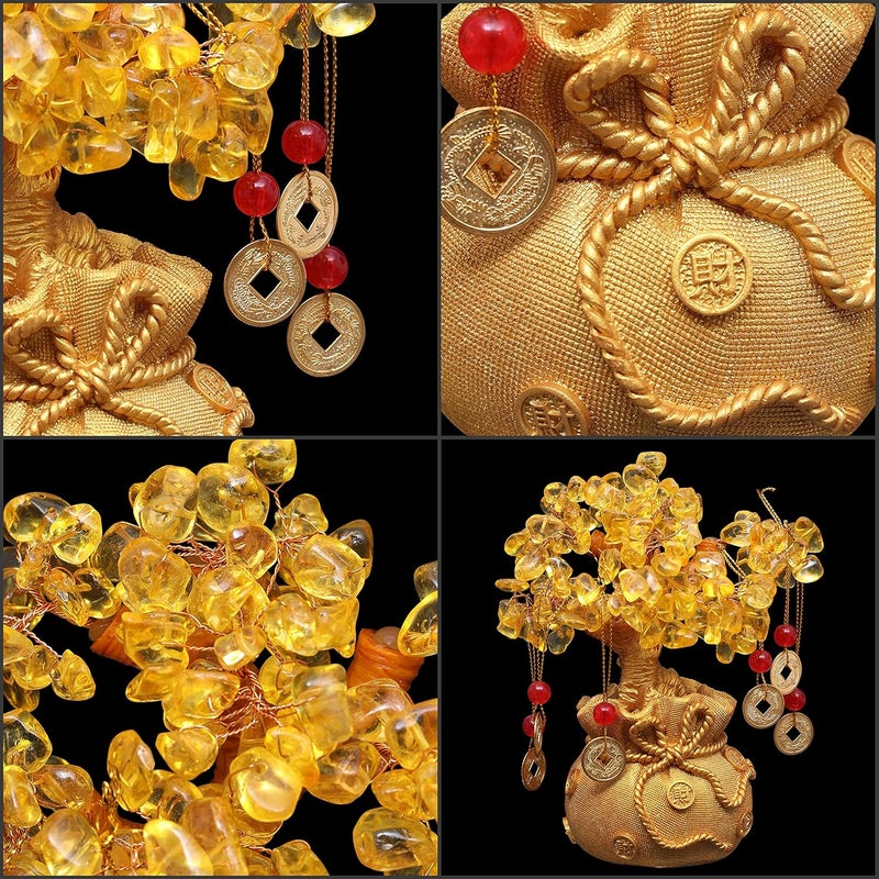 ABOUT SPACE Lucky Feng Shui Citrine Tree of Life Bonsai Gold Crystal Ornaments with Hanging Coin Charms for Health Wealth and Happiness Table Decor Living Room Office 7 x 3 inch - Image 4