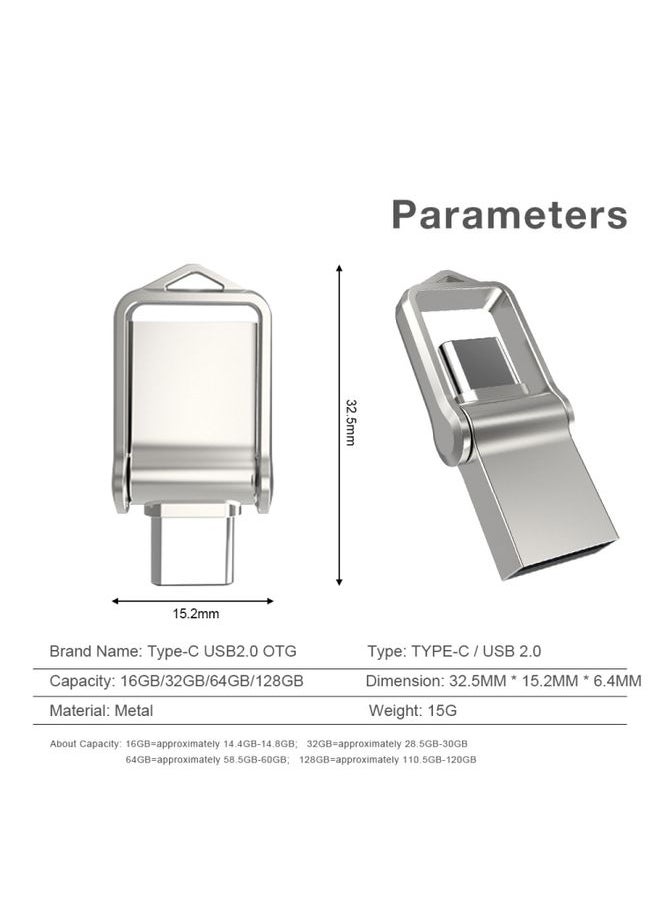 128GB USB 2.0 + Type-C/USB-C High Speed Mini Computer and Phone Dual-purpose Rotary U Disk(Silver)