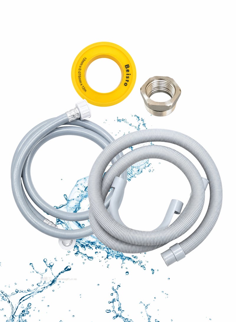 Universal Washing Machine Installation Kit - 1.5M Water Inlet Hose, 1.5M Drain Hose, CP Reducer Bush & PTFE Thread Seal (Teflon) Tape | Complete Leak-Proof Washing Machine Connection Set - Image 2
