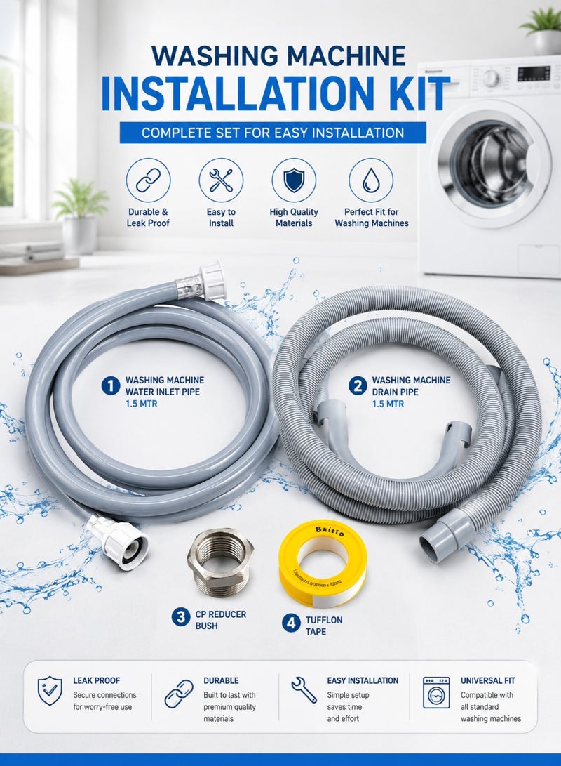 Universal Washing Machine Installation Kit - 1.5M Water Inlet Hose, 1.5M Drain Hose, CP Reducer Bush & PTFE Thread Seal (Teflon) Tape | Complete Leak-Proof Washing Machine Connection Set - Image 1