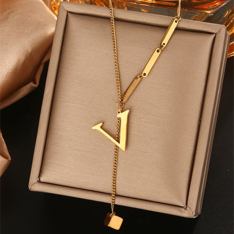 Vital Titanium Steel Tassel Collarbone Necklace for Women, 26 Letter Initial Pendant, Fade-Resistant Minimalist Jewelry