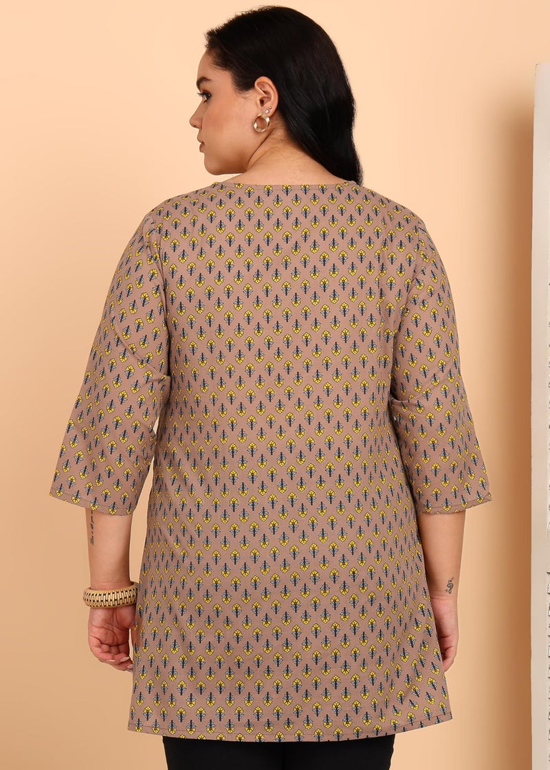 Yash Gallery Women’s Plus Size Mauve Printed Cotton Tunic Top with Fabric Buttons & Front Pleat | Round Neck, 3/4 Sleeves | A-Line Short Kurti - Image 5