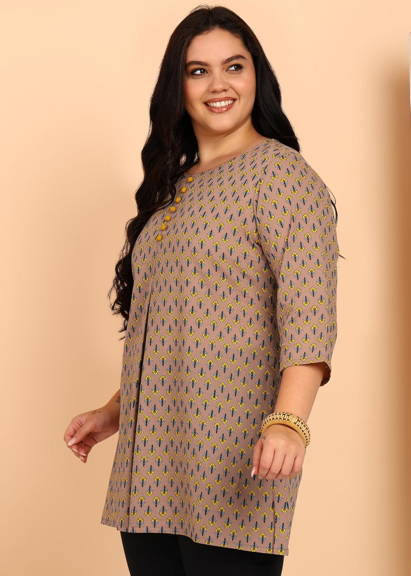Yash Gallery Women’s Plus Size Mauve Printed Cotton Tunic Top with Fabric Buttons & Front Pleat | Round Neck, 3/4 Sleeves | A-Line Short Kurti - Image 4