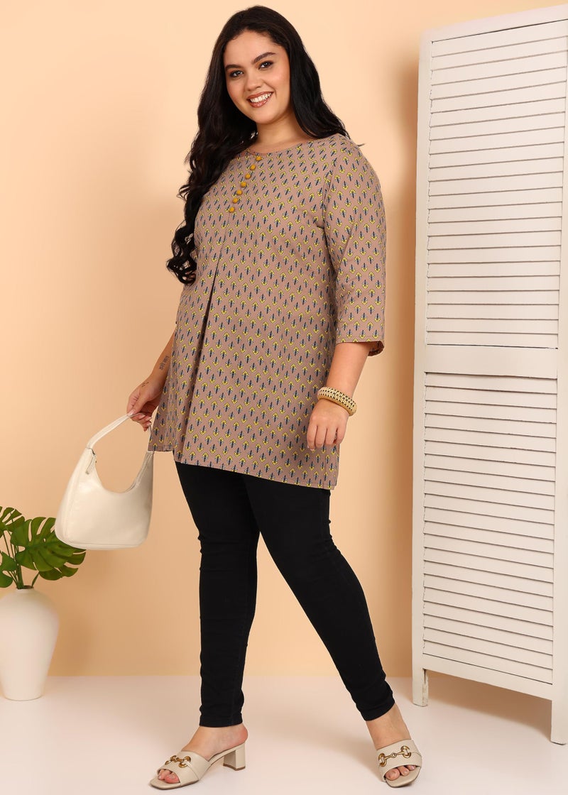 Yash Gallery Women’s Plus Size Mauve Printed Cotton Tunic Top with Fabric Buttons & Front Pleat | Round Neck, 3/4 Sleeves | A-Line Short Kurti - Image 3