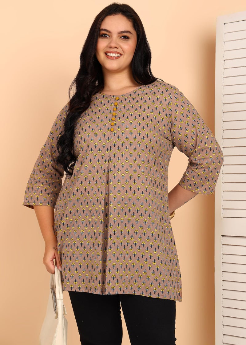 Yash Gallery Women’s Plus Size Mauve Printed Cotton Tunic Top with Fabric Buttons & Front Pleat | Round Neck, 3/4 Sleeves | A-Line Short Kurti - Image 2