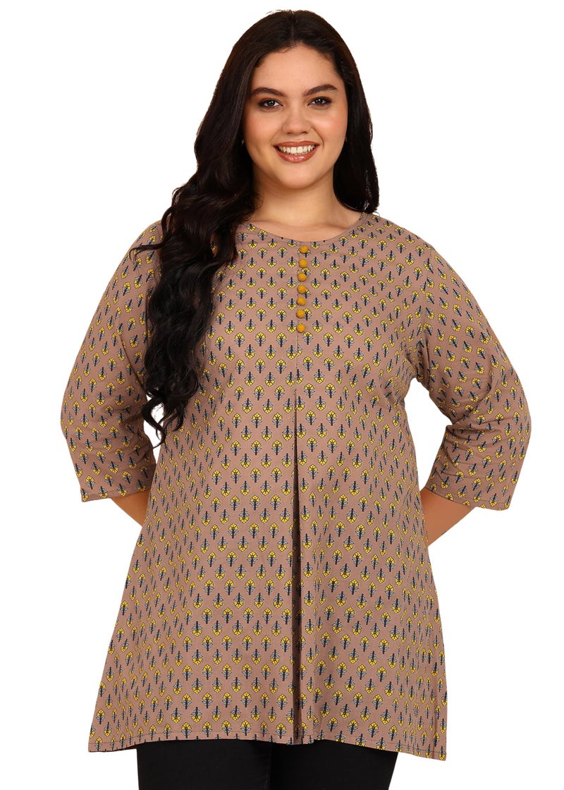 Yash Gallery Women’s Plus Size Mauve Printed Cotton Tunic Top with Fabric Buttons & Front Pleat | Round Neck, 3/4 Sleeves | A-Line Short Kurti - Image 1