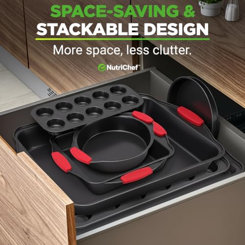 NutriChef 10-Piece Nonstick Kitchen Oven Baking Pans - Premium & Stylish Non-Stick Carbon Steel - Commercial Grade Restaurant Quality Metal Bakeware with Silicone Handles - Easy to Clean, NCSBS10S - Image 5
