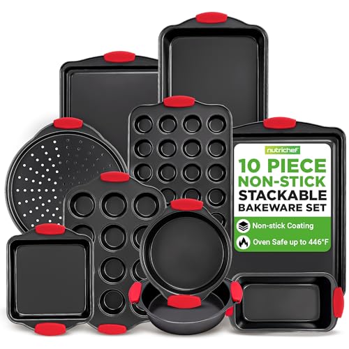 NutriChef 10-Piece Nonstick Kitchen Oven Baking Pans - Premium & Stylish Non-Stick Carbon Steel - Commercial Grade Restaurant Quality Metal Bakeware with Silicone Handles - Easy to Clean, NCSBS10S - Image 1