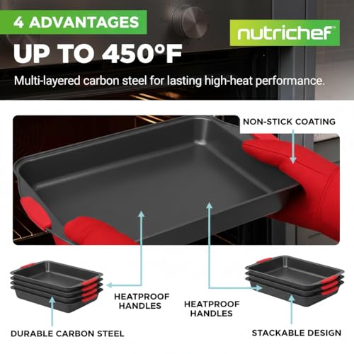 NutriChef 10-Piece Nonstick Kitchen Oven Baking Pans - Premium & Stylish Non-Stick Carbon Steel - Commercial Grade Restaurant Quality Metal Bakeware with Silicone Handles - Easy to Clean, NCSBS10S - Image 4