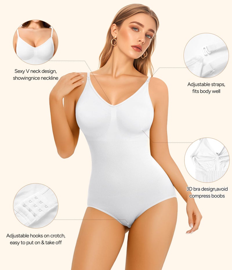 Irisnaya Women Slimming Bodysuits Shapewear Tops Tummy Control Body Shaper Spaghetti Strap Camisole Leotards Bodycon Jumpsuit (White, Medium/Large) - Image 3