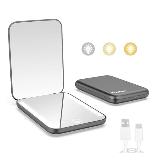 Kintion Rechargeable Pocket Mirror, Double Sided 1X/3X Magnification Compact Vanity Mirror, 3 Color Lights, Dimmable, Small Portable Wallet Mirror, Lighted Travel Mirror for Women Gifts, Black - Image 1