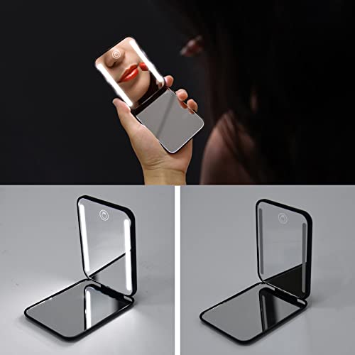 Kintion Rechargeable Pocket Mirror, Double Sided 1X/3X Magnification Compact Vanity Mirror, 3 Color Lights, Dimmable, Small Portable Wallet Mirror, Lighted Travel Mirror for Women Gifts, Black - Image 3