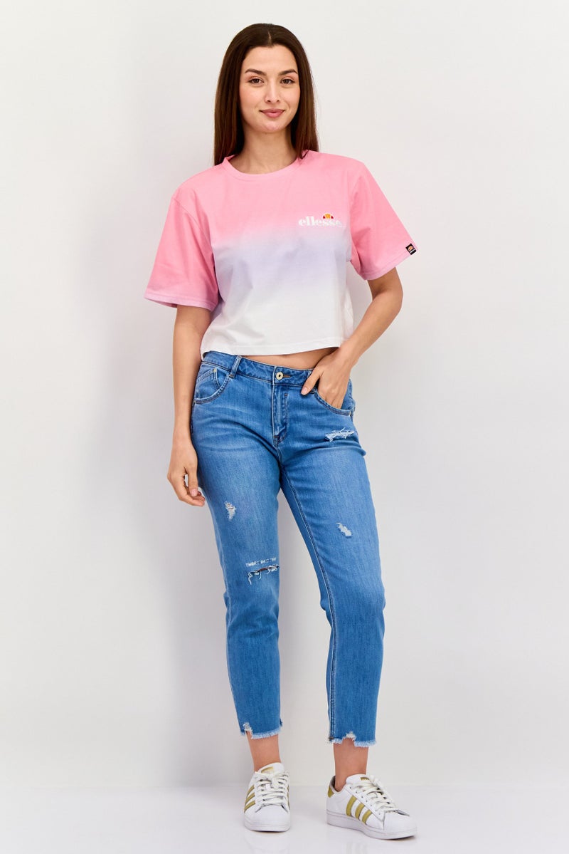 Ellesse تي شيرت قصير الأكمام بقلنسوة للنساء بشعار العلامة التجارية، مجموعة وردية - Image 4