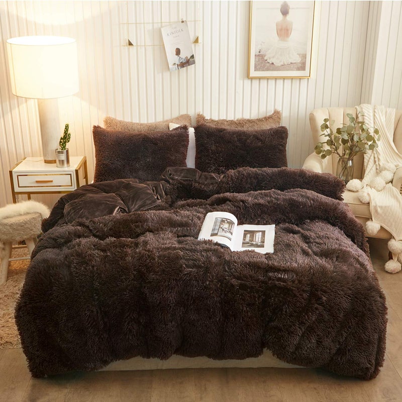 Xege Plush Shaggy Duvet cover Set  Luxury Ultra Soft crystal Velvet Fluffy Bedding Sets 2 Pieces(1 Faux Fur Furry comforter cover + 1 Fuzzy Faux Fur Pillowcase)  Zipper closure(Twin  coffee)