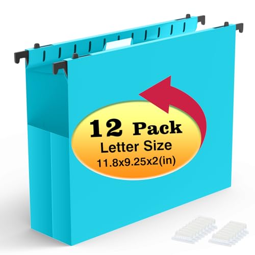 Shutex Extra Capacity Plastic Hanging File Folders,12 Pack Reinforced Expanding Hang Folder Letter Size,Accordian Pocket,Heavy Duty 2 Inch Expansion, Hard Hanging Folder Organizer for Office Home,Blue - Image 1